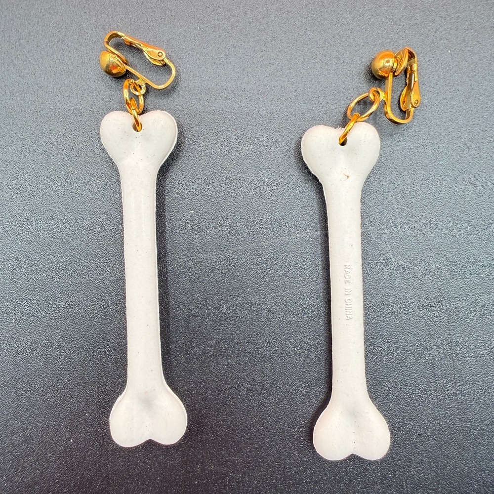 White Bone Dangle Clip On Earrings Gold Tone Novelty Gothic Halloween Statement
